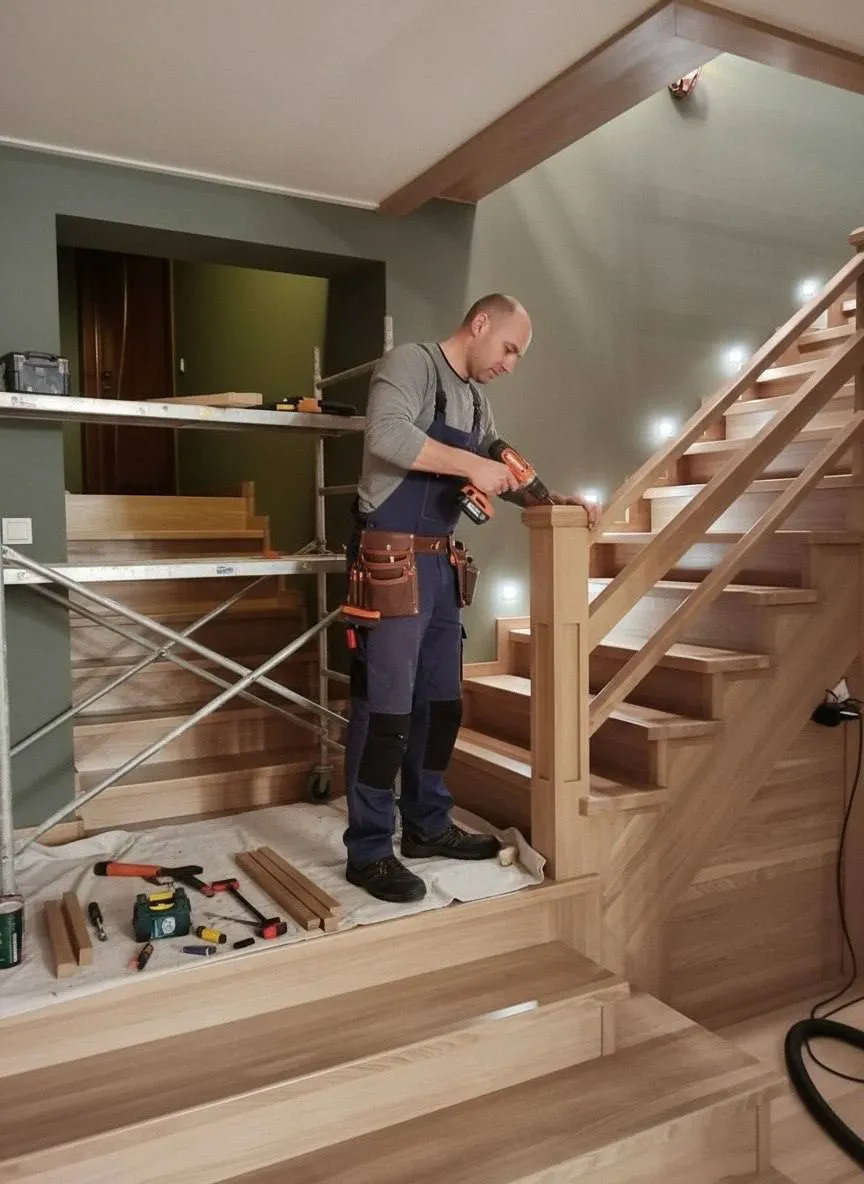Мастер Евгений за работой над лестницей